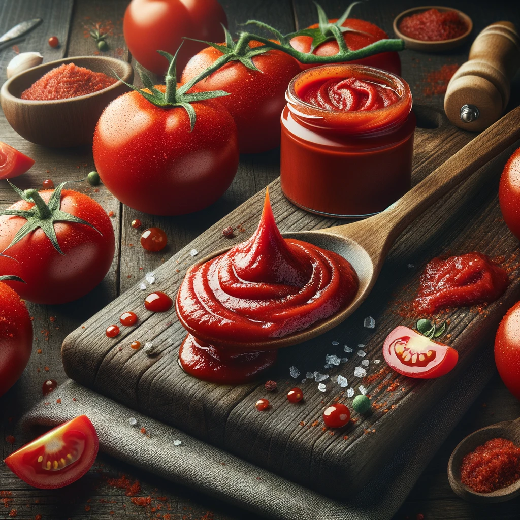 Create a hyper realistic image that visually represents the essence of high quality tomato paste. The image should capture the rich vibrant red color