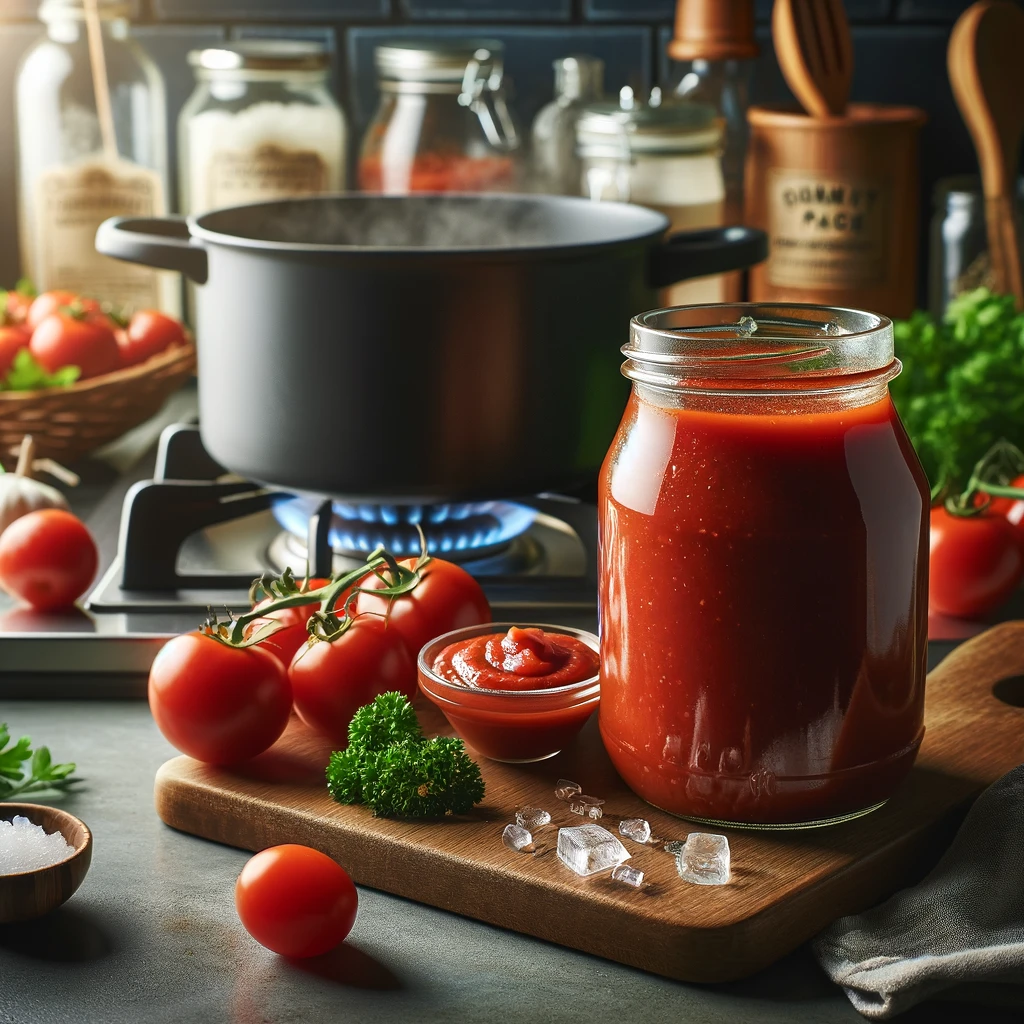Create an image in a lifestyle photography style showing the best practices for storing and using quality tomato paste in a home kitchen. Include a cl