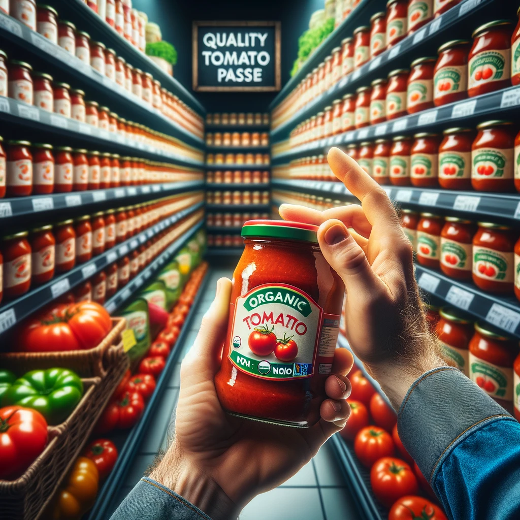 Depict a scene in a grocery store where a consumer is choosing quality tomato paste. The image should show a close up of a hand picking up a jar of to