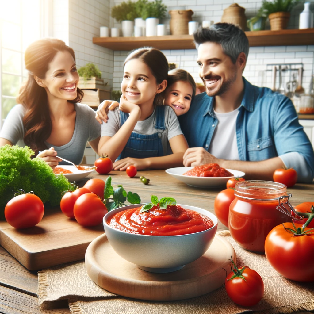 the image that symbolizes the health benefits of quality tomato paste in a lifestyle photography style. The image should include a family enjoyi