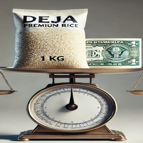 Scale balancing 1 kg of rice and a dollar bill. rice price per kg