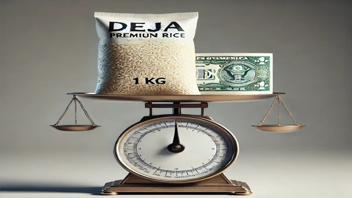 Scale balancing 1 kg of rice and a dollar bill. rice price per kg