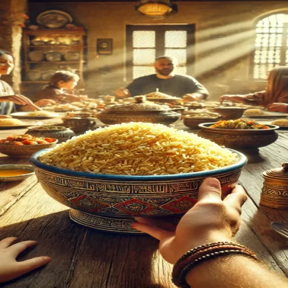 A hyper realistic lifestyle photograph of a family dining table set in a cozy Egyptian kitchen. The table is laden with various dishes, with a bowl of