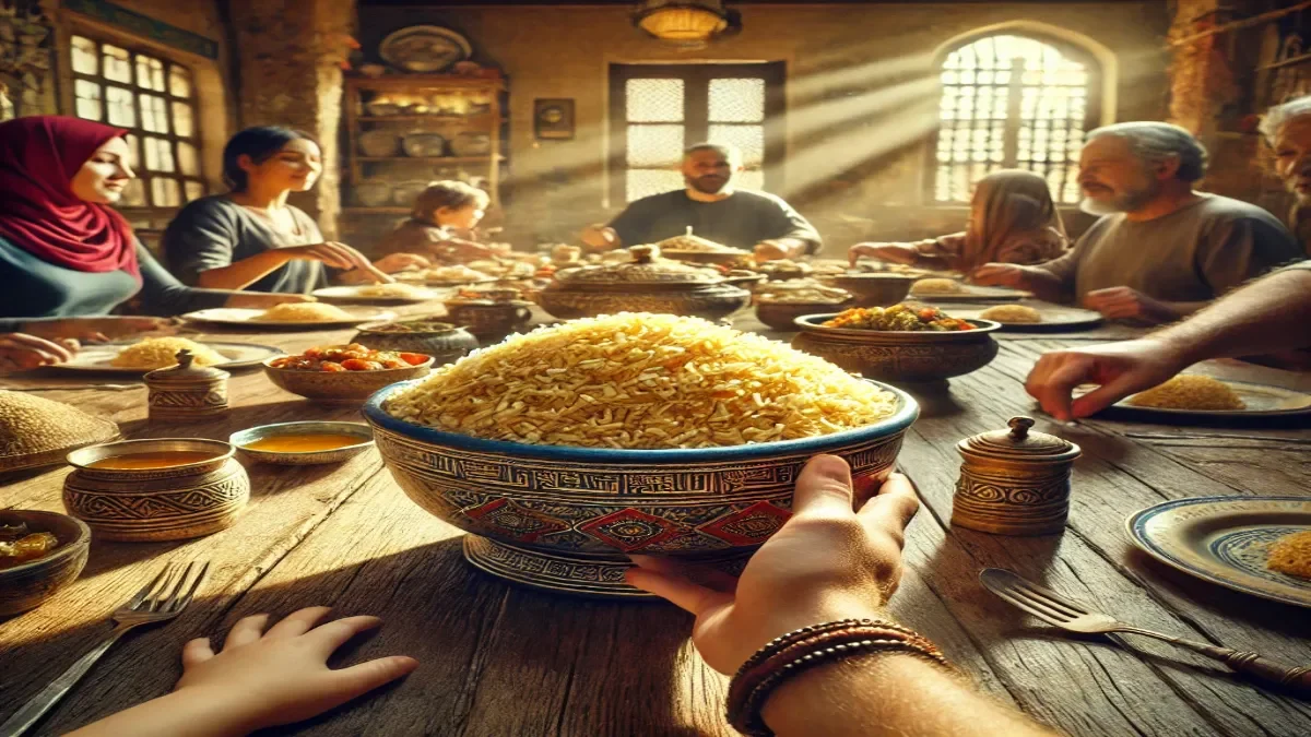 A hyper realistic lifestyle photograph of a family dining table set in a cozy Egyptian kitchen. The table is laden with various dishes, with a bowl of