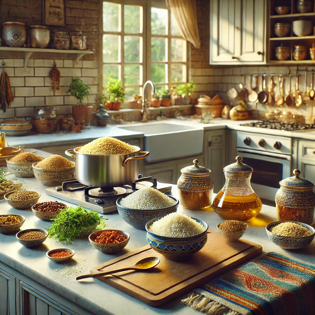 A home kitchen countertop with ingredients for Egyptian Rice Pudding and Koshary, with a pot of rice cooking in the background.