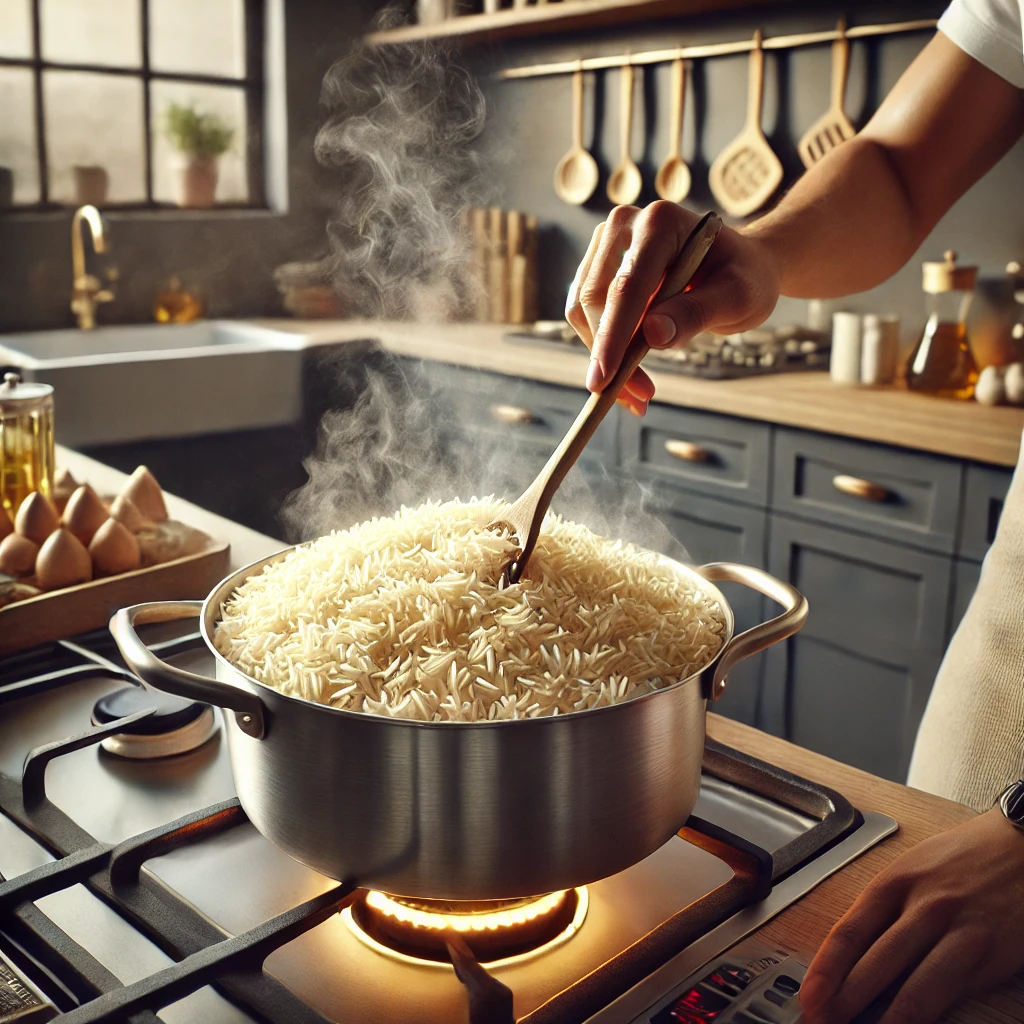 A modern Egyptian kitchen with a close-up of a pot of Egyptian rice being stirred on the stove.