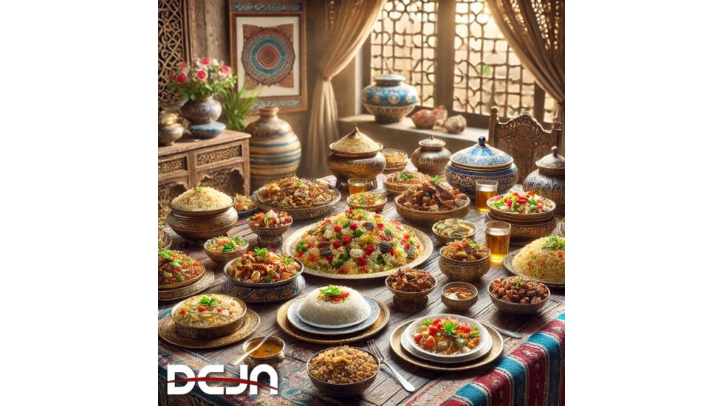 A cozy Egyptian kitchen with a family dining table featuring a bowl of steaming Egyptian rice as the centerpiece.