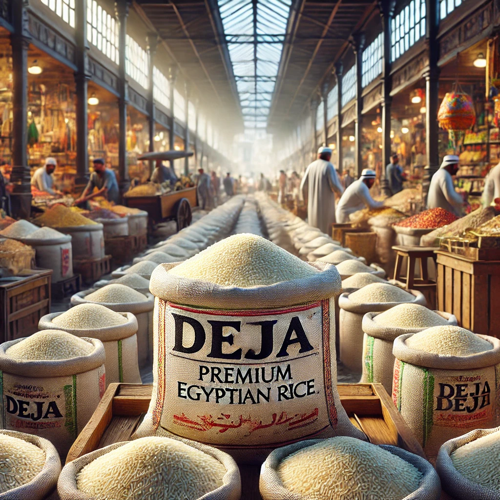 Bustling marketplace with Deja Premium Egyptian Rice on display, wholesale rice prices