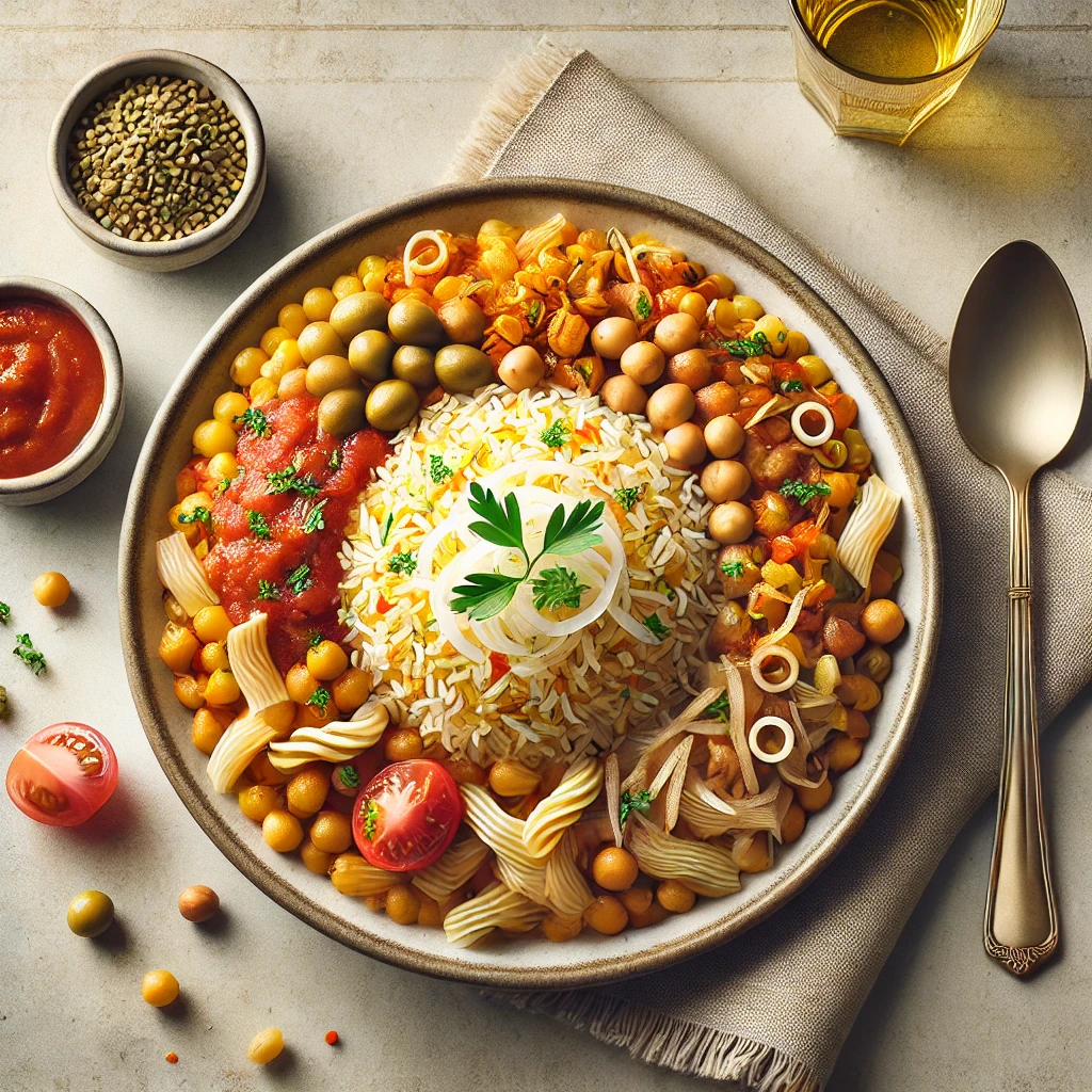 koshari, featuring premium Egyptian rice, lentils, chickpeas, pasta, fried onions, and tomato