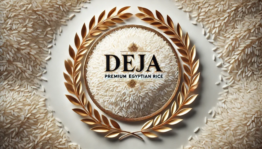 High-definition image of Deja Premium Egyptian Rice, with realistic rice grains and a rice laurel, set against a seamless neutral background with golden accents.