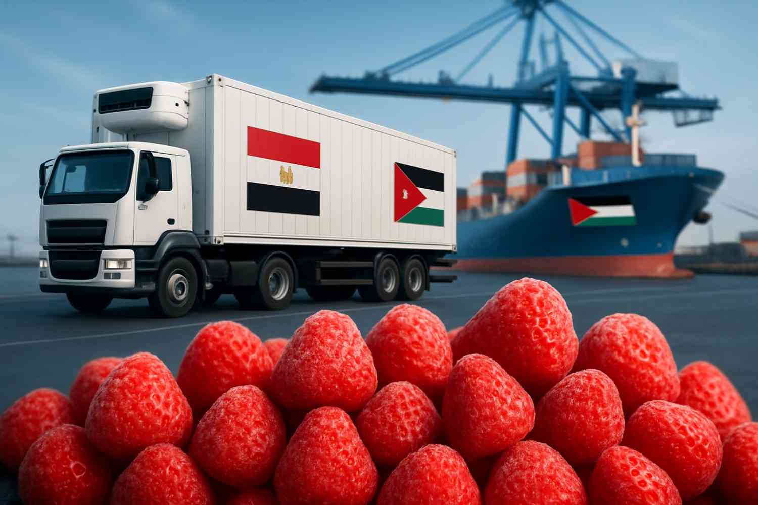 اتصل الان استيراد فراولة مجمدة من مصر إلى الأردن، تُظهر شاحنة مبردة وسفينة شحن وعلمي البلدين، مع التركيز على جودة المنتج.