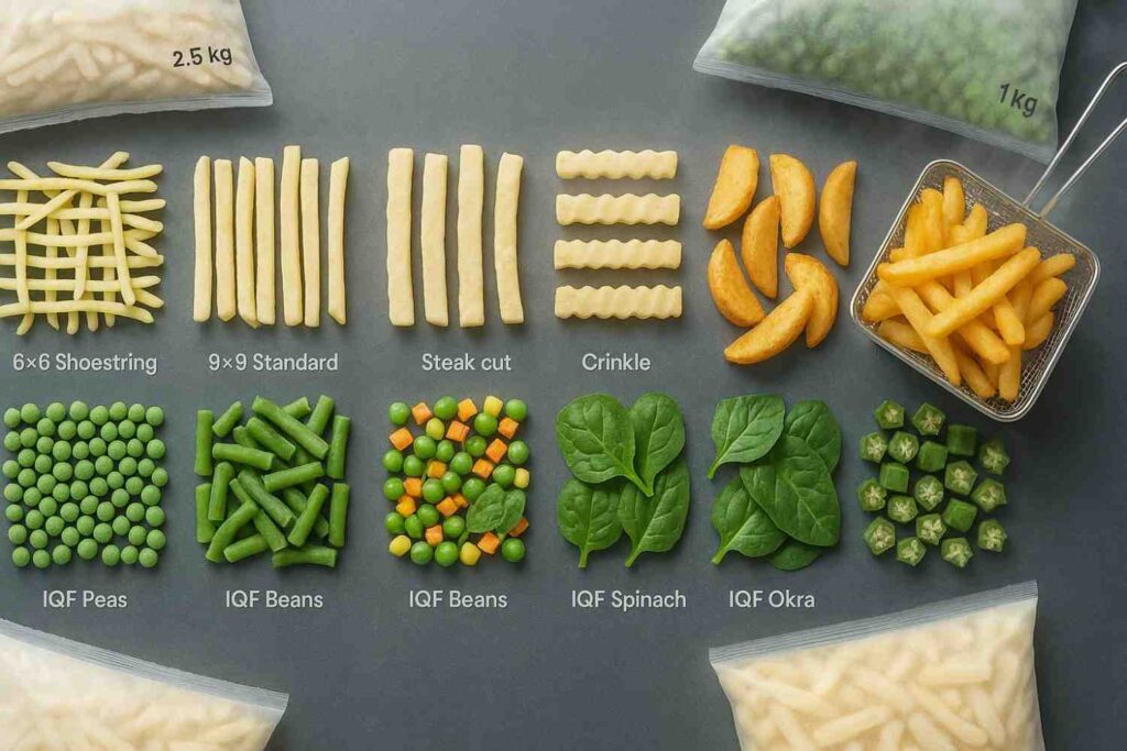 Top-down portfolio: 6x6 shoestring, 9x9 fries, steak cut, crinkle, seasoned