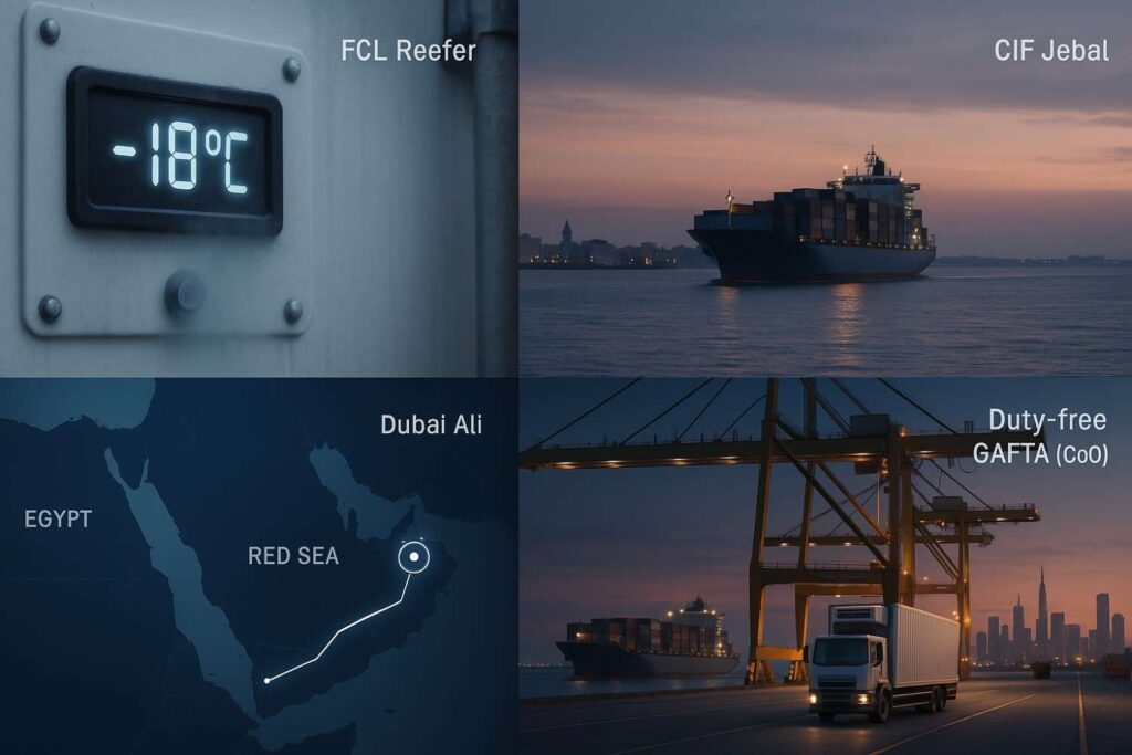 FCL reefer at −18°C from Egypt to Dubai via Jebel Ali; cold chain for frozen foods with CIF Jebel Ali and GAFTA duty-free clearance.
