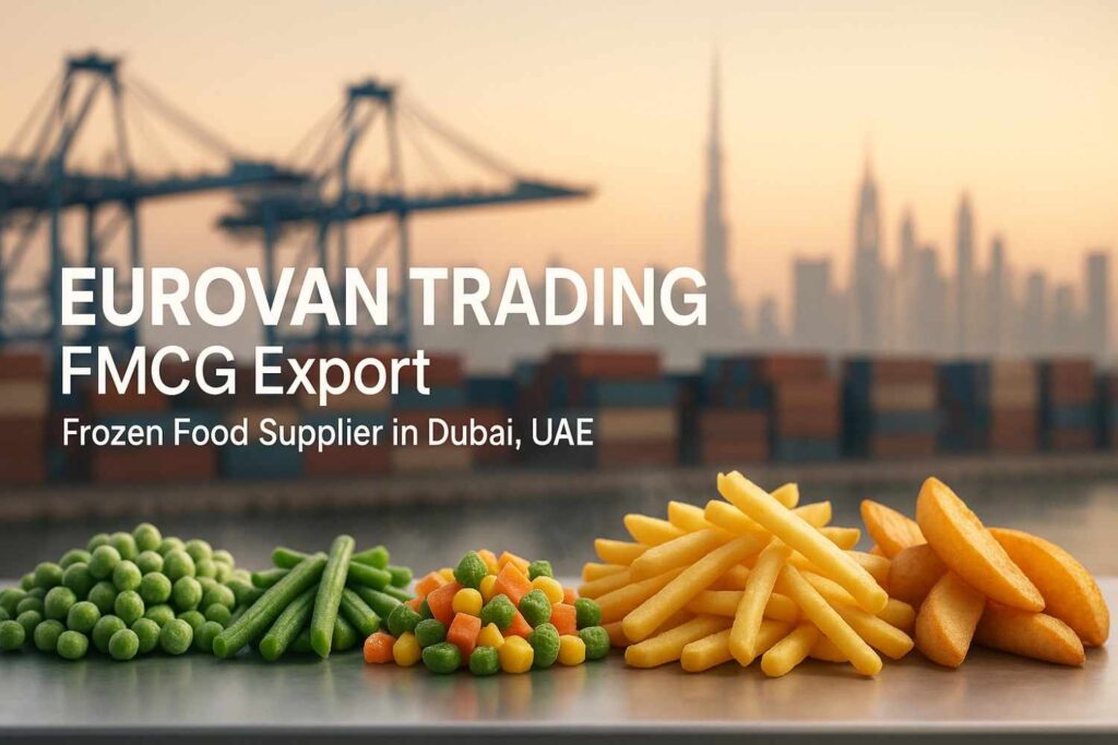 Eurovan Trading—frozen food supplier in Dubai; Dubai skyline and Jebel Ali