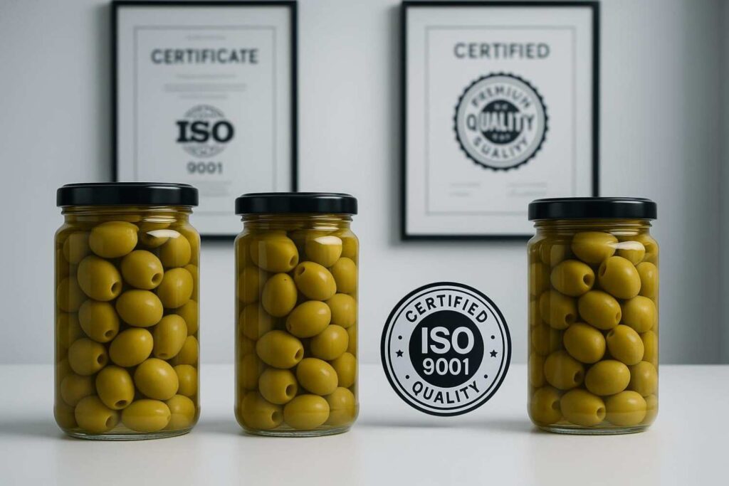 Premium olive jars with ISO 9001 quality certification and food safety certificates - certified olives supplier worldwide