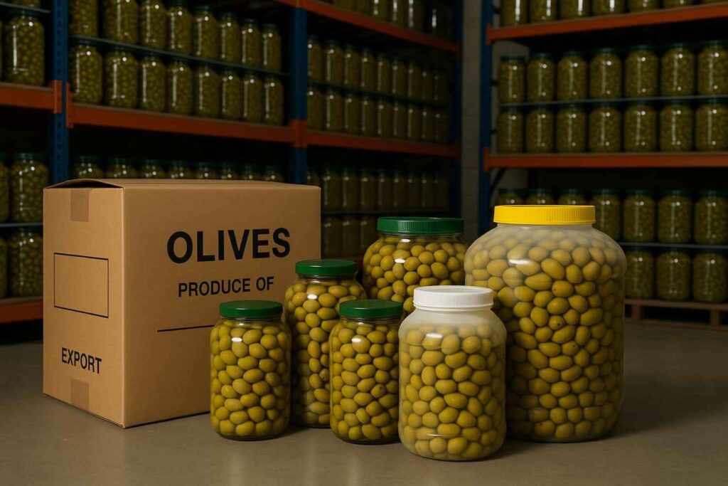 Bulk olive packaging in warehouse with commercial jars and export boxes - wholesale olives supplier for international distributors