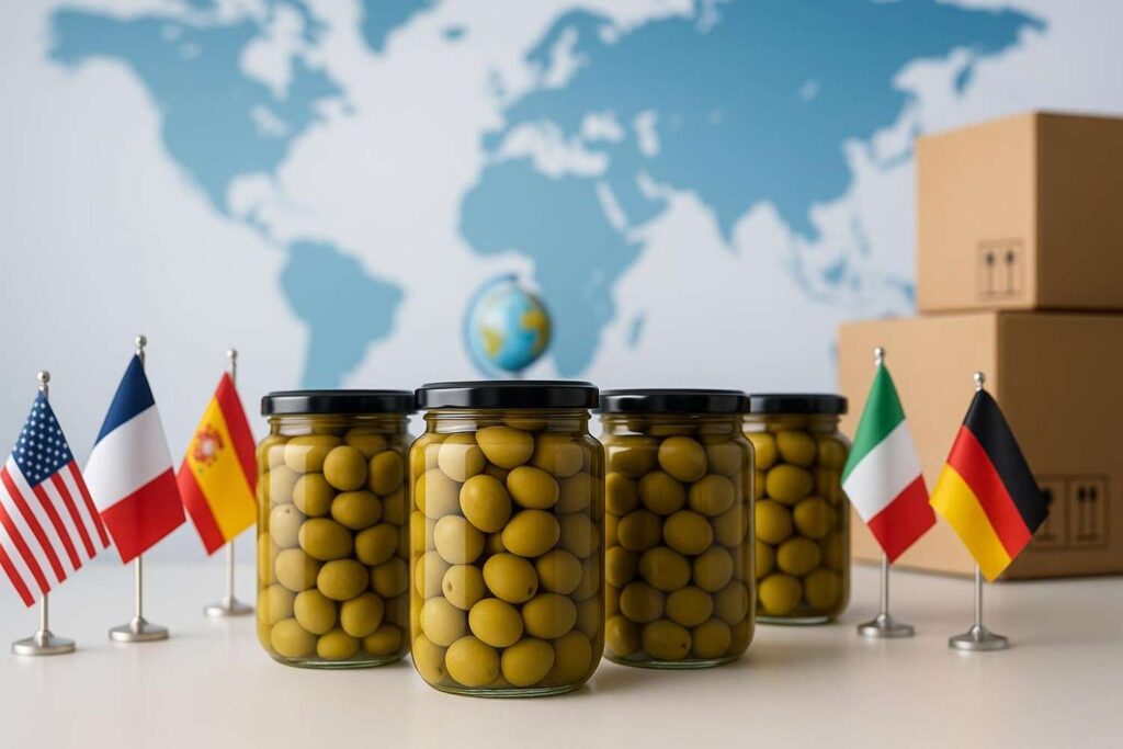 Olive jars with international flags and world map showing global export capabilities - olives supplier shipping worldwide to USA, Europe, Asia and Middle East