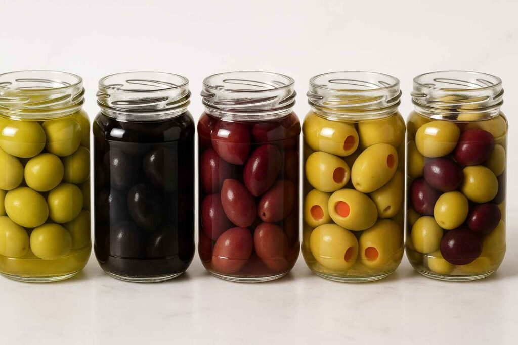 Five glass jars displaying different olive varieties - green olives, black olives, Kalamata olives, stuffed olives and mixed olives from international supplier