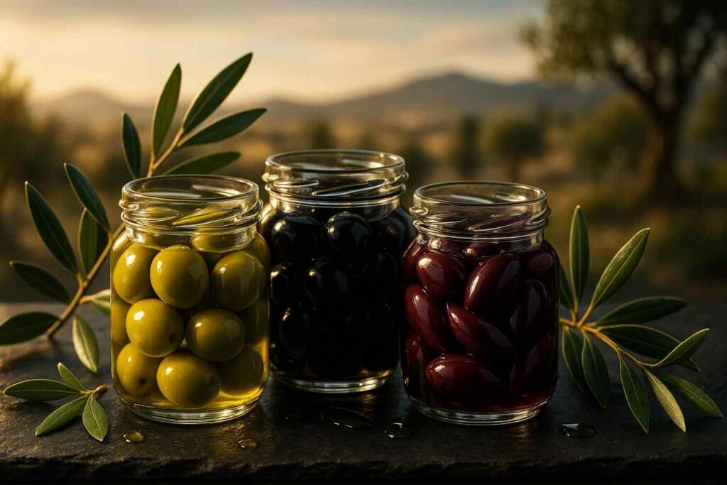 Premium pickled olives in glass jars - green, black and Kalamata olives from leading worldwide supplier with Mediterranean olive branches