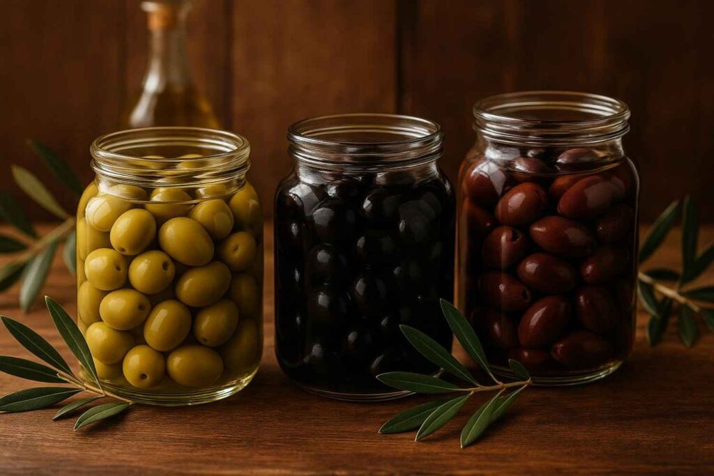Three premium glass jars of pickled olives on rustic wooden table with olive branches - professional olives supplier product photography