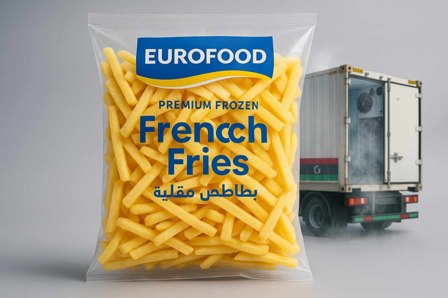 بطاطس مقلية مجمدة يوروفود في عبوة شفافة مع حاوية شحن مبردة للتصدير إلى ليبيا