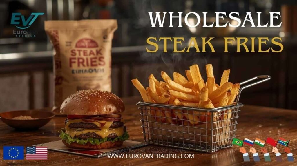 Gourmet burger served with a basket of thick-cut steak fries and a EUROFOODS frozen steak fries bag visible in the restaurant kitchen background