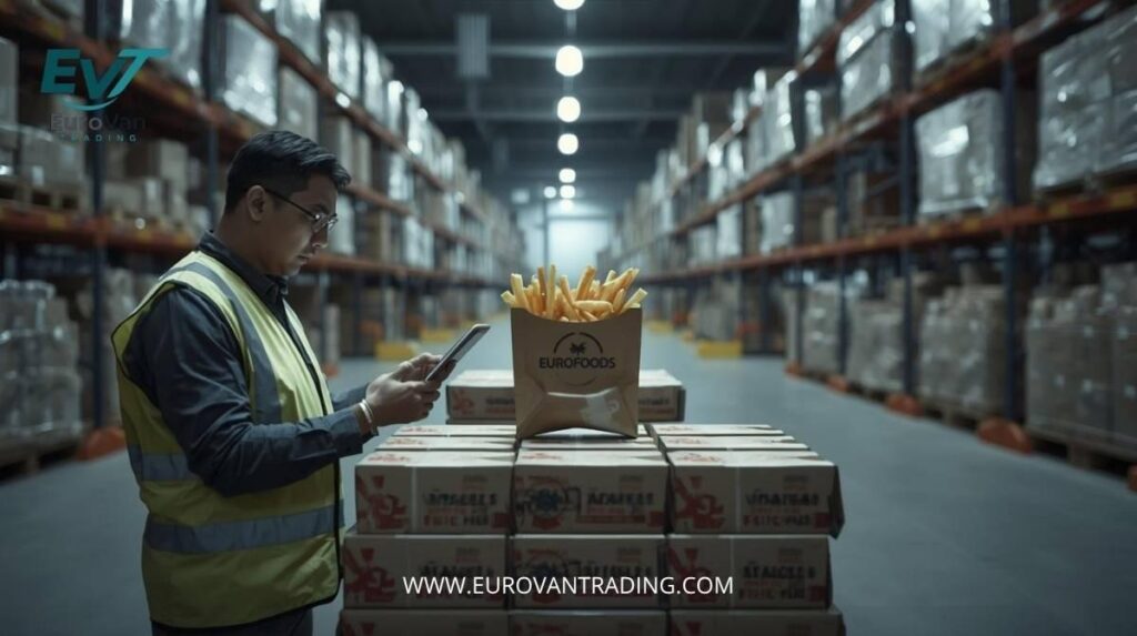 Reefer container at an international seaport loaded with pallets of EUROFOODS frozen steak fries for global export