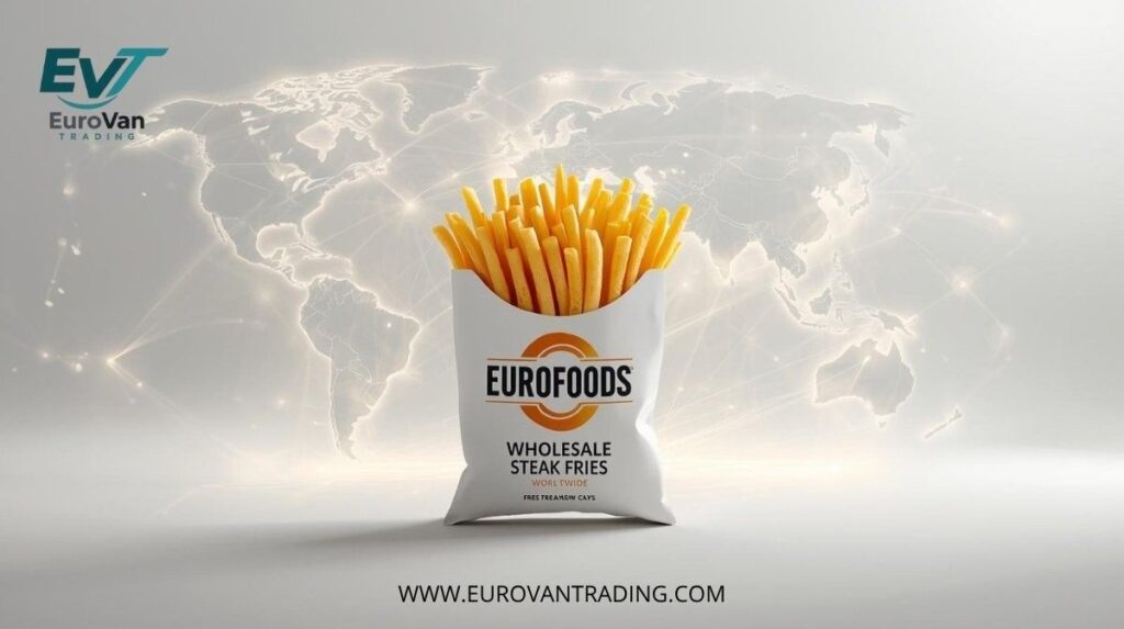 EUROFOODS frozen steak fries pack in front of a glowing world map showing global distribution routes for wholesale steak fries