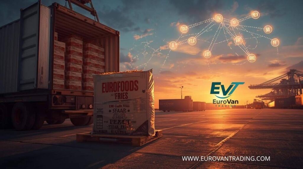 EUROFOODS frozen steak fries bag in a cold storage warehouse with export cartons on pallets for wholesale buyers worldwide